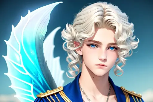 Prompt: Mermaid teenage boy, Piercing, Ice-blue eyes, a sharp jawline. His hair was blond, long and wavy in the back with shorter, more uniformed curls in the front. He had a youthful face with slightly feminine features. He looked a lot like something from a storybook, like or a renaissance painting. Little, sharp, white fangs poked out between his shiny lips as he smiled.