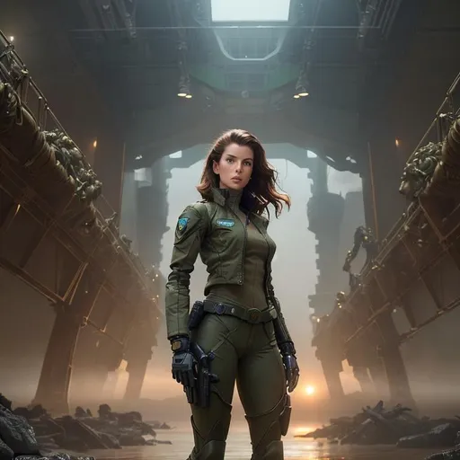 Prompt: style: cinematic portrait of a futuristic female mech pilot, she is athletic, looks like katherine hepburn, long brunette hair, blue eyes, wears a tan shirt, cropped green jacket, camo fatigue pants, combat boots, she stands in front of a pacific rim jaeger mech, metal gear, robot jox, influenced by Greg Rutkowski, craig mullins, sergio toppi, beksinski, jeremy mann, influenced by pre-raphaellite, magic realism, (establishing shot)

BREAK

detailed matte painting, deep color, fantastical, intricate detail, splash screen, complementary colors, fantasy concept art, 8k resolution trending on Artstation Unreal Engine 5