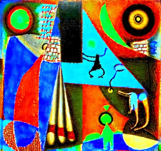 Prompt: Picasso mixed with Da Vinci  abstract textured like Pollack type painting with hidden messages in the painting like a woman walking a dog and a man playing catch with his kids or hidden items like a toy or a upside down sun or a backwards half moon the whole picture upside down abstract beautiful picture with details and realistic but off images in painting different shapes and colors abstract different worm holes with diff images in picture caveman drawings 