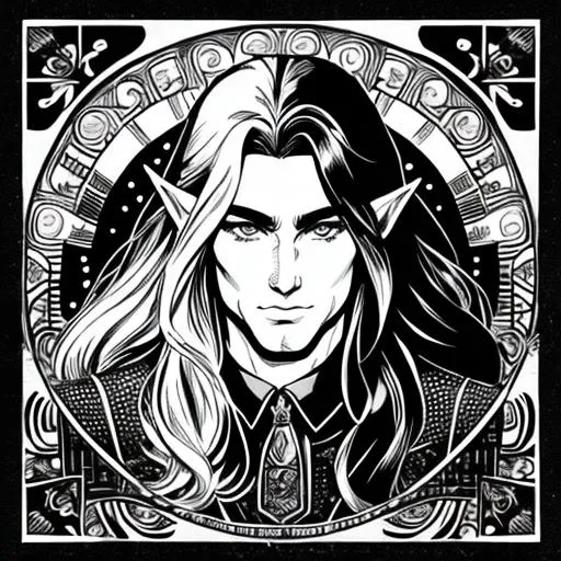 Prompt: Retro comic style artwork, highly detailed male elf + long hair + comic book cover, simple black dotted background + black and white, symmetrical.