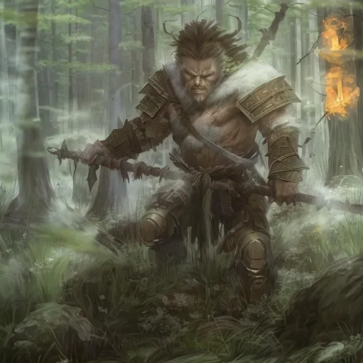 Prompt: peacefull, very tall and very strong young bugbear with human face, standing straight and proud, fighter, heavy armor without the helmet, nordic runes encarned in his armor, holding a long staff in one hand, the other hand holds a fire rune, forest, butterflies, birds, D&De5