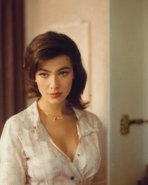 Prompt: Analog style photo of a 1950s housewife, 1955, turkish nordic ethnicity, in a suburban room, mix of mary elizabeth winstead and Jennifer lopez, low cut blouse, sheer chiffon blouse, poverty, low class, detailed background, emotive, detailed face, Rouge accent, lifelike, photorealistic pinup art, sharp focus, elegant, beautiful, intricate details, matte, medium shot, art by Jeremy Lipking and Gustave Moreau and Frank Frazetta and Olivia Bettie
