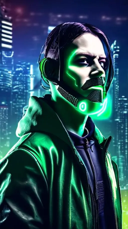 Prompt: man, cs and cyberpunk style, green neon lights and mask, dark
