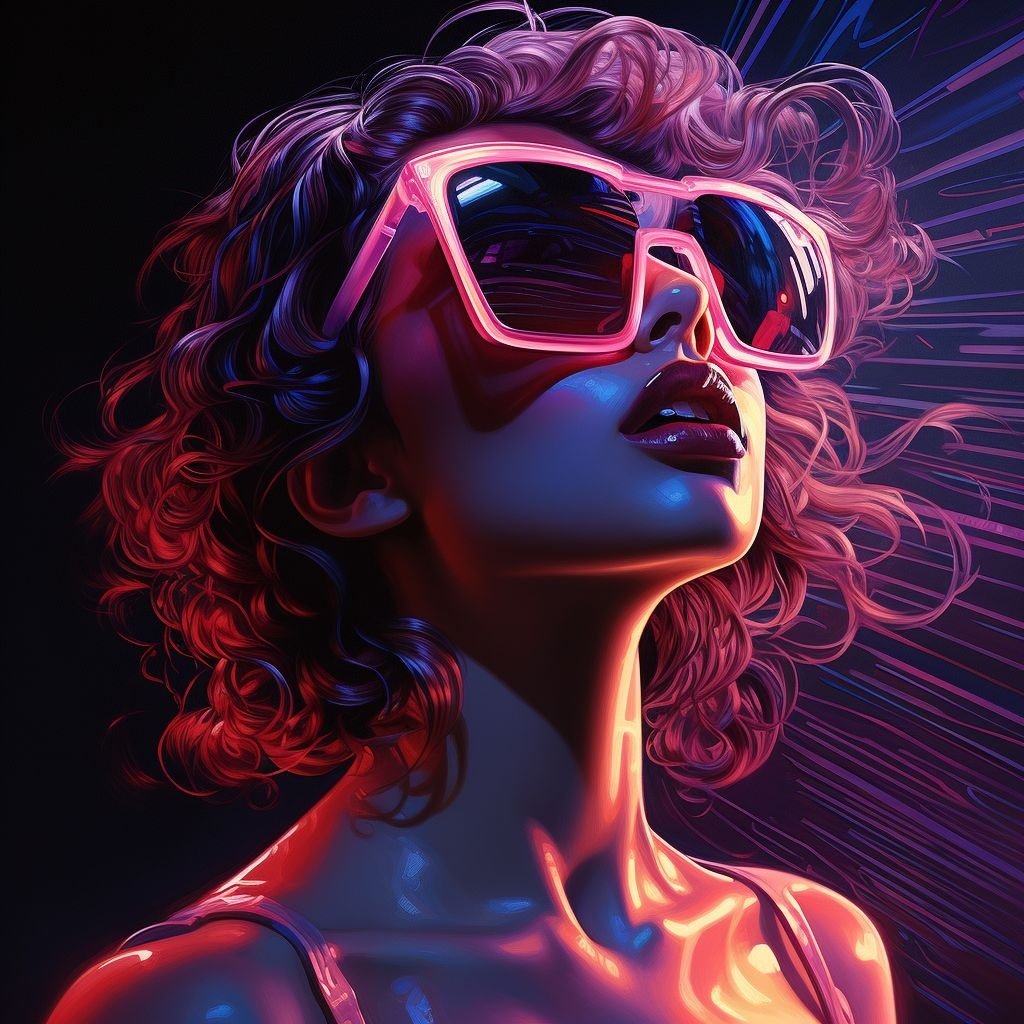 Prompt: an image of a girl having her face lighted up and sunglasses on, in the style of futuristic chromatic waves, neon realism, highly detailed figures, veronika pinke, jim lee, electric, futuristic retro