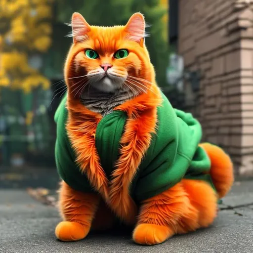 Prompt: (realistic photo, professional photo) beautiful masterpiece of a orange cat with green eyes and a thick orange fur coat, wearing a green hoodie, with hood over the cats head, on a side walk in a town
