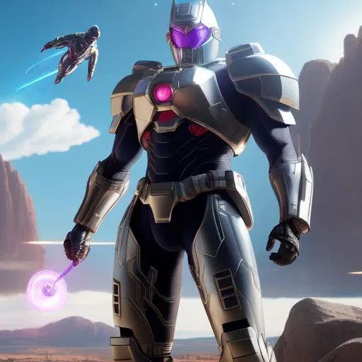 Prompt: Ultrarealistic 8k Portrait of futuristic Magneto', hologram armored suit, halo armor, flying through space holding the infinity stones 
Unreal Engine 5