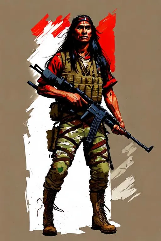 Prompt: Native American Apache Warrior male with long hair wearing a red headband dressed in tactical military attire, holding a Rifle, wearing tactical boots