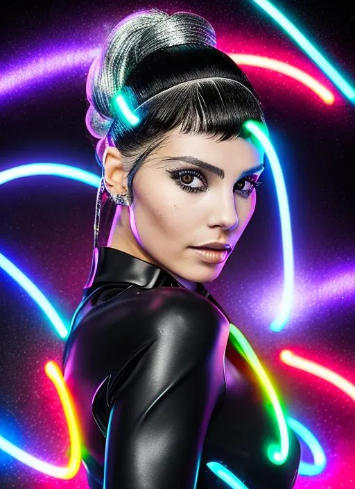 Prompt: Portrait of #3238 woman with silver and black hair and with cute face, neon city background, perfect composition, hyperrealistic, super detailed, 8k, high quality, trending art, trending on artstation, sharp focus, studio photo, intricate details, highly detailed, by Frank Miller, Zack Snyder, Lisa Frank