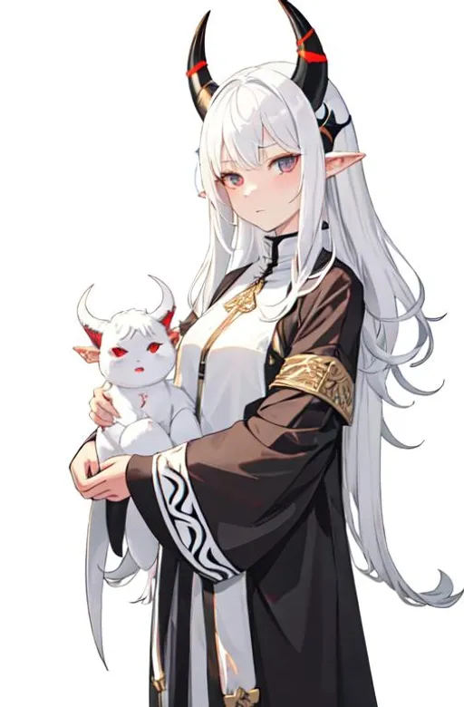 Prompt: Zaley 1female (white hair) (white demon horns) young kid, 10 years old. wearing torn clothes