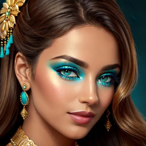 Prompt: A beautiful woman in shades of gold and turquoise, facial closeup