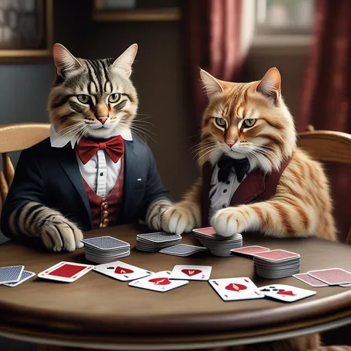 Prompt: Realistic cats, playing cards at a table