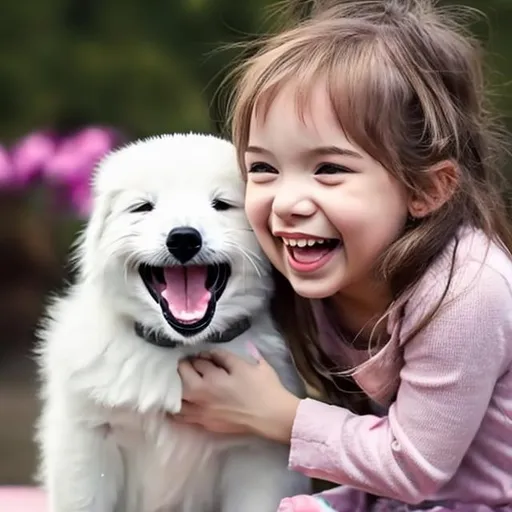 Prompt: cute little girl with a beautiful puppy laughing
