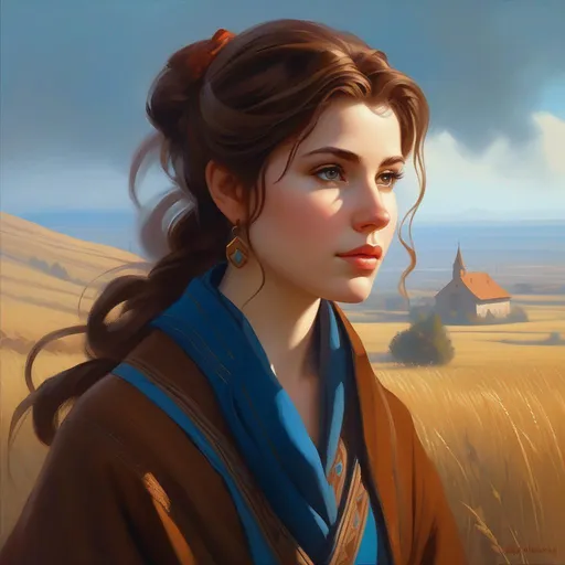 Prompt: Third person, gameplay, ancient Hungarian girl, pale skin, brown hair, brown eyes, steppe, fog, blue atmosphere, cartoony style, extremely detailed painting by Greg Rutkowski and by Henry Justice Ford and by Steve Henderson 