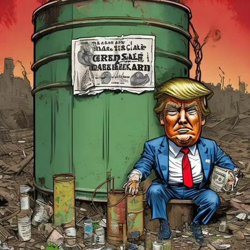 Prompt: Trump-Caricature: Tattered one green dollar note peeking out of a rusty tin can, tattered beggar Trump's holding the rusty tin can, too long red tie + tattered darkblue suit, Trump sitting on court steps, bright colored Sergio Aragonés MAD-magazine style