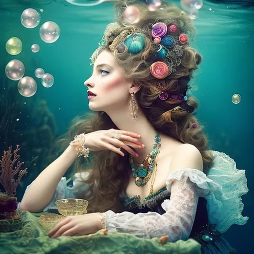 Prompt: woman in Victorian dress underwater tea party.  hair, elaborate hair, fabric, lace, bubbles. jewels, queen.  colorful.