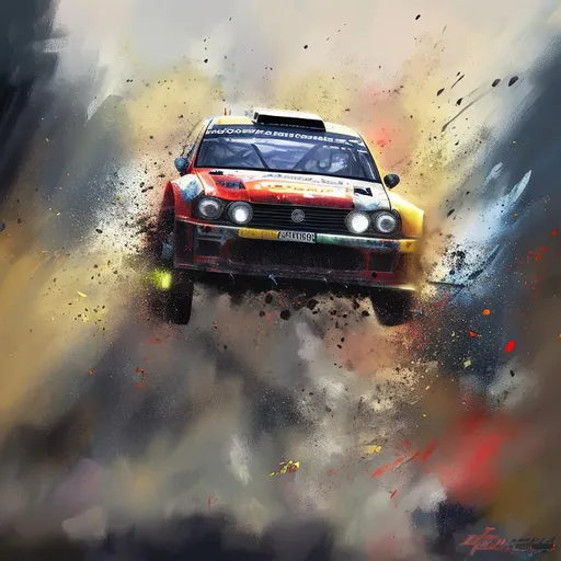 Prompt:  Hi resolution, hyper realistic painting of rally car racing jump