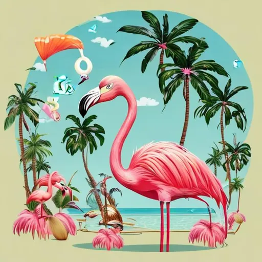 Prompt: Gansta flamingo bird under big palm tree with coconuts hanging, wearing louis vuitton sunglasses on its eyes and smoking a marijuana Joint