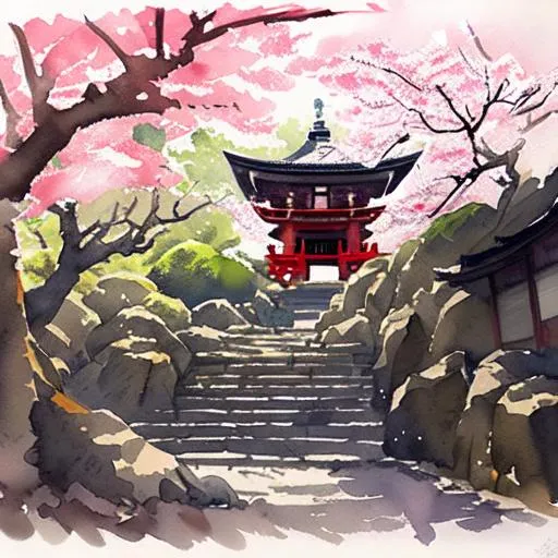 Prompt: a watercolor of a japanese shrine with cherry blossoms in the background
