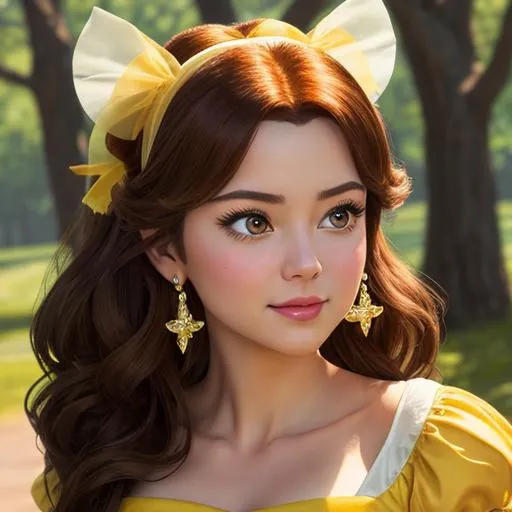 Prompt: Disney Princess Belle in a yellow dress, , facial closeup