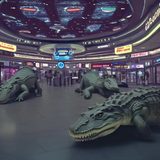 Prompt: alligator security guards in a busy alien mall, widescreen, infinity vanishing point, galaxy background, surprise easter egg