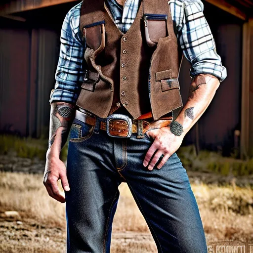 Prompt: 6'4" modern male cowboy, burly, rugged, hairy, tattoos, tight wrangler jeans, cowboy boots, brown leather vest, plaid shirt, gun holster attached at belt and thigh, on a ranch, watching horses, dynamic pose, full body