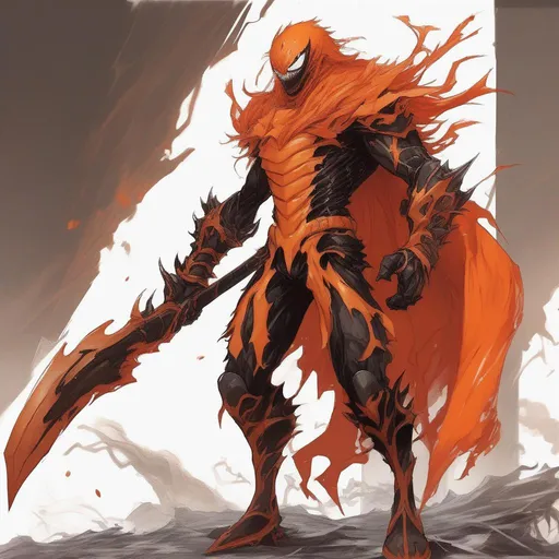 Prompt: orange symbiote with brown-bronze armor and red ragged cape, and orange ragged mane, nightmare fuel, Masterpiece, Best Quality, in anime style