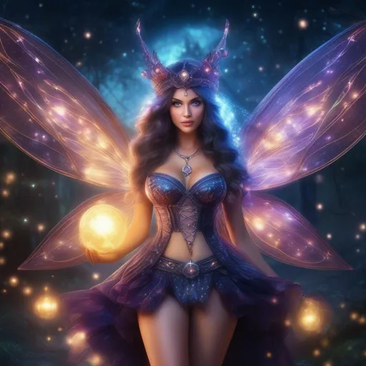 Prompt: hyper realistic, beautiful, stunningly full body form of a bright eyed, buxom woman, in a fairy witch outfit that is glowing, sparkly, sheer, and skimpy outfit on a breathtaking night with flying sprites around.