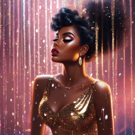 Prompt: pin-up girl brown skin 3d art crying glitter in glitter water pretty face sad crying glitter in bodycon