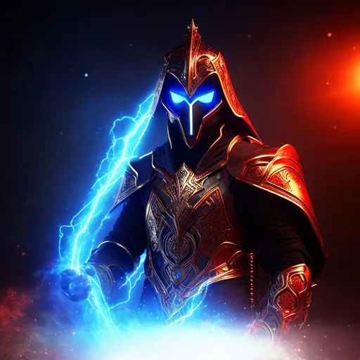 Prompt: Mask, red metal, red energy visor, blue energy orb on side, white hair sticking out, black metal on temples, red accents, red glow from eye area, Middle age, male, techno armor, red armor, glowing blue orb in chest, frost energy coming from orb, energy coming from orb, orb in chest looks like rock, white hair, white full beard, black in armpit area, short white hair, frost energy coming from hands, frost coming off of hands, blue energy rising off of hands, futuristic armor, red iron plates on armor, black and blue cloth under armor, red shoulder plates, red leg guards, red arm guards, red boots, ice, frost , snow, blizzard, orange lights in armor, orange ring around orb, orange energy from chest.