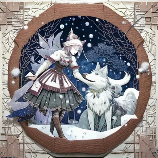 Prompt: the patchwork girl and the Big Winter wolf. paper cutout, washi paper, cardboard relief, detailed, fern leaves, Snow, by shaun tan, gekidan inu curry, madoka magica, by kay nielsen, artgerm, Megan duncanson,  embossing