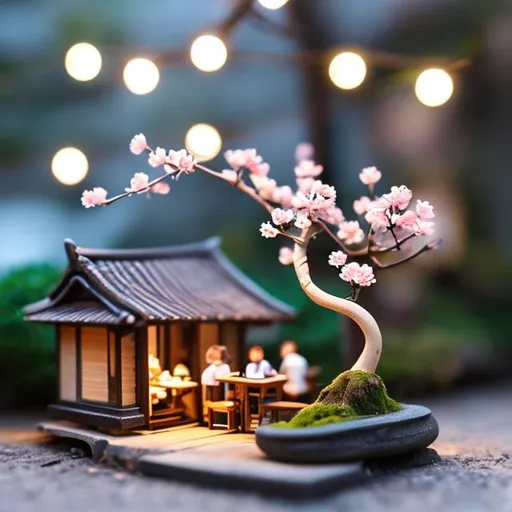 Prompt: tiny wooden outside cafe, tiny cherry blossom bonsai, tiny wooden people drinking, dining, dancing, string lights, dark night



