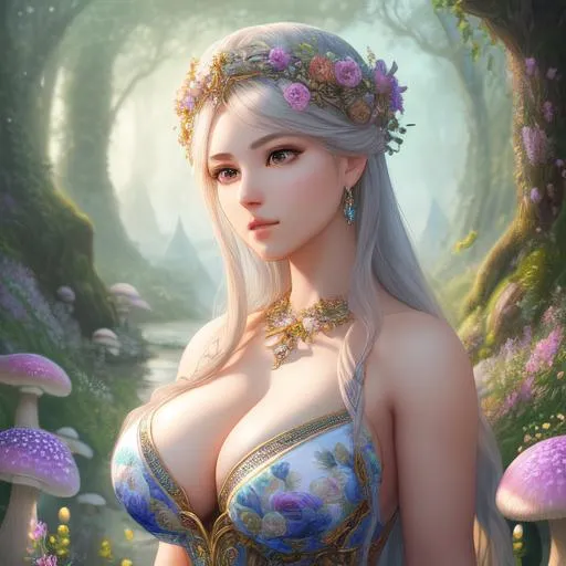 Prompt: a beautiful, goddess, landscape, detailed, floral, fantasy, landscape, floral, mushrooms, soft, pretty visuals, aestheticfull body and face focus, intricate details, exceptional detail, fantasy, ethereal lighting, hyper sharp, sharp focus, photorealistic portrait, detailed face, highly detailed, realistic, hyper realistic, colorful, unreal engine, Ultra realistic Huge cleavage, athletic body, Highly detailed photo realistic digital artwork. High definition. Face by Tom Bagshaw and art by Sakimichan, Android Jones" and tom bagshaw, Biggals