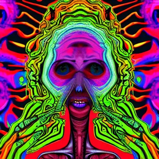 Prompt: psychedelic alien with multiple heads horrorifying