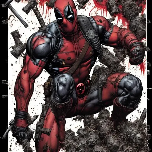 Prompt: Deadpool & Todd McFarlane spawn variant. muscular. dark gritty. Bloody. Hurt. Damaged. Accurate. realistic. evil eyes. Slow exposure. Detailed. Dirty. Dark and gritty. Post-apocalyptic. Shadows. Sinister. Intense. 