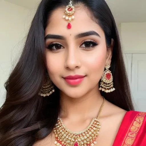 Prompt: Please produce a  picture of a young  female,  childish & candid look,beautiful face, attention to details, pretty depth eyes, heart shape lips, reddish cheeks, beautiful necklace & ear rings ,ultra-detailed,highest detail quality,cute facial expressions, intricate design and details, full length body shot,saree,ultra-detailed, highest detail quality, ultra-realistic, photography lighting,   photorealistic, cinematic, movie quality rendering, octane rendering, focused, emotional, epic dramatic lighting, 32k UHD resolution --ar 9:16 --quality 2  --s 750 --v 5.1