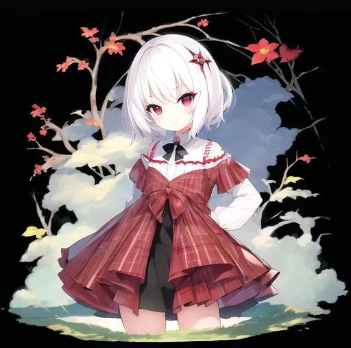 Prompt: pixiv, a 4 year old girl, white hair, short hair, deep red eyes, detailed face, waist-up shot, HDRI, masterpiece, smooth, sharp focus, illustration, tattoo_black_horizontal_lines_on_cheeks, emo, pupiles, happy, casual cloths