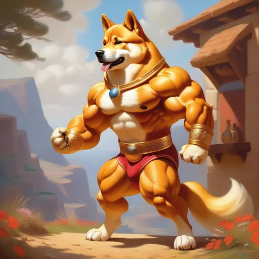 Prompt: Swole doge beating cheems, cartoony style, extremely detailed painting by Greg Rutkowski and by Henry Justice Ford and by Steve Henderson 