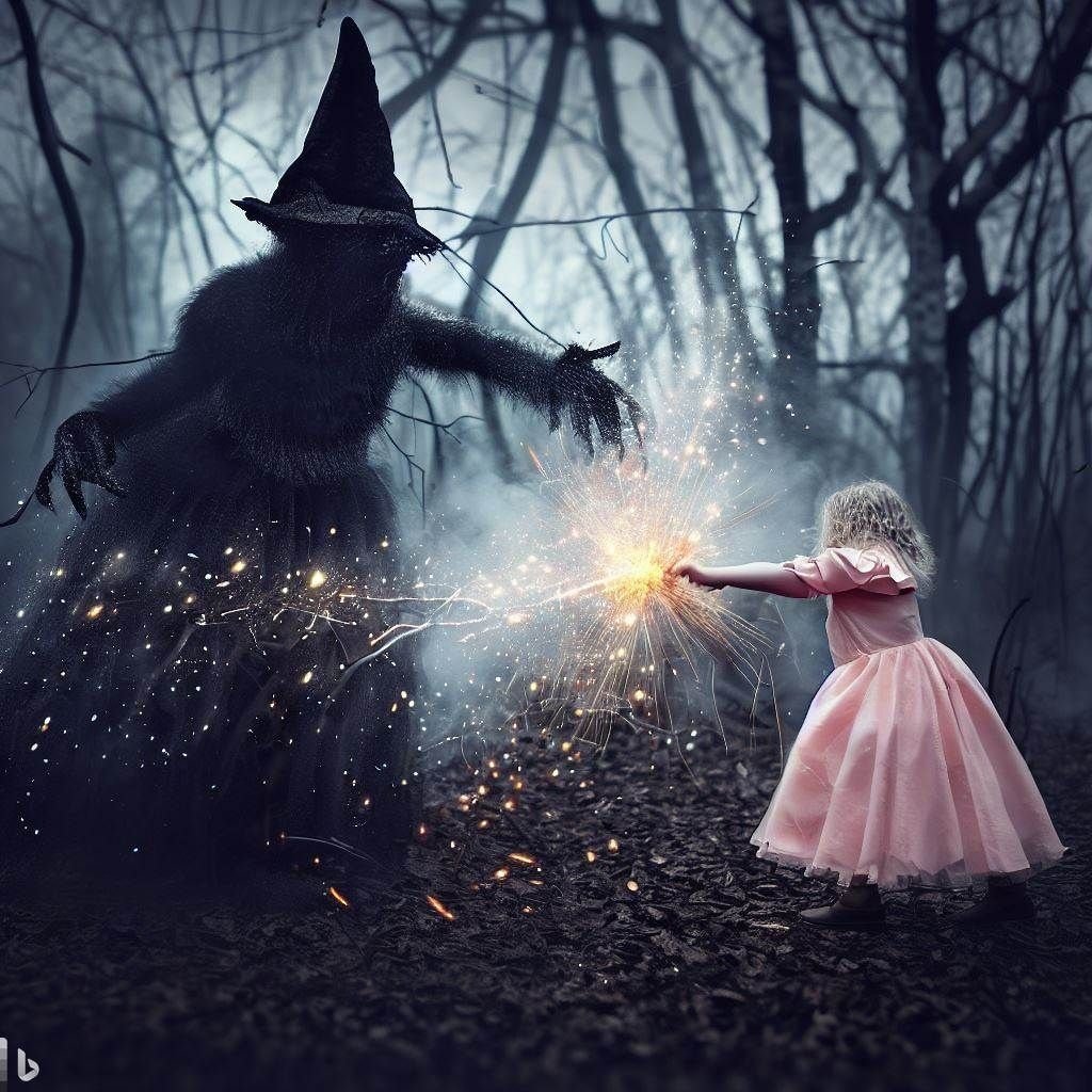 Prompt: Ein kleines blondes Mädchen, kämpft gegen eine große hässliche schwarz gekleidete Hexe, Magiefunken fliegen aus den Fingern des Mädchens, auf einer düsteren Waldlichtung, realistisch, detailgetreu