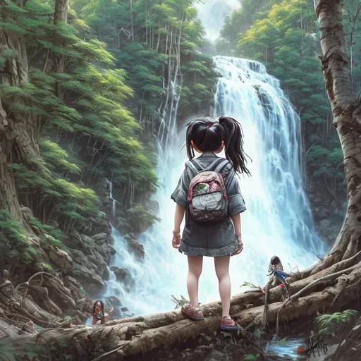 Prompt: (masterpiece, best quality), anime, Kim Jung Gi style, extremely realistic,hyperrealistic,perfection, young girl, backpack on her back, watching a giant waterfall, afternoon, surrounded by a dense forest --ar 16:9 --v 5 --auto --s2-imagine
