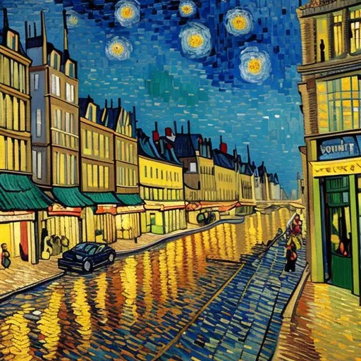 Prompt: painting vincent van gogh modern city with buildings and cars 