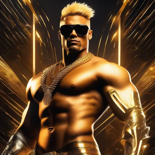 Prompt: A scantily clad muscular man, with sunglasses, golden cybernetic arms, blond mohawk, 