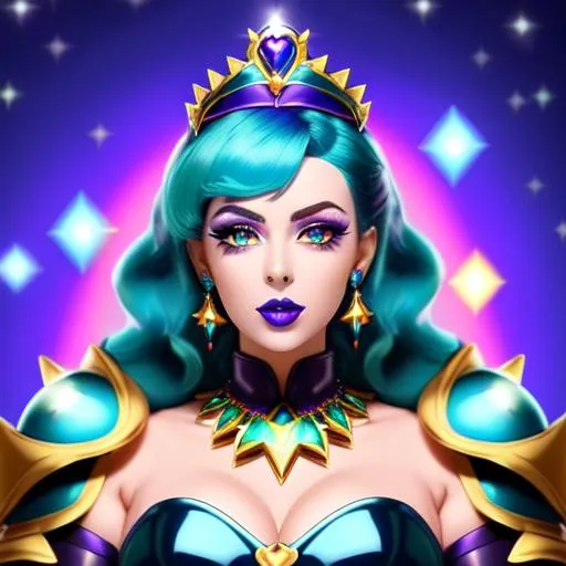 Prompt: Pyra with ultradetailed large shiny blue lips, Blinding Heart Earrings, Blue Xtra Large Metal Ball Gown, Rainbow Sugar Gloves with Purple Fur, Glowing Blue eyes, Artisans Cut Gleaming Ice Cream Tiara. Pristine Green hair, confident facial expression, Full eyebrows with blue tint, Crocodile necklace, Wintry Aura, Black Armor Plated Shoulders, Cake Covered gold wand, Sharp Nails, Auroras in eye of hurricane. Blue Moon. High resolution, Realistic, Cold color scheme, high radiance.