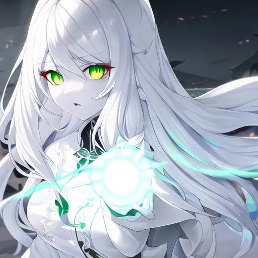 Prompt: ghost (long white hair, slightly pale skin, glowing green eyes), UHD, 8K, highly detailed, insane detail
