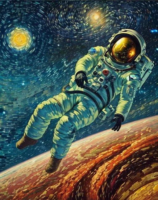 Prompt: An astronaut in orbit vivid colours floating, deep space, Soviet style astronaut oil painting, oil painting, starry starry night van gogh, starry starry night, van gogh,  super detailed, 8k, high quality, trending art, trending on artstation, sharp focus, studio photo, intricate details, highly detailed, by greg rutkowski