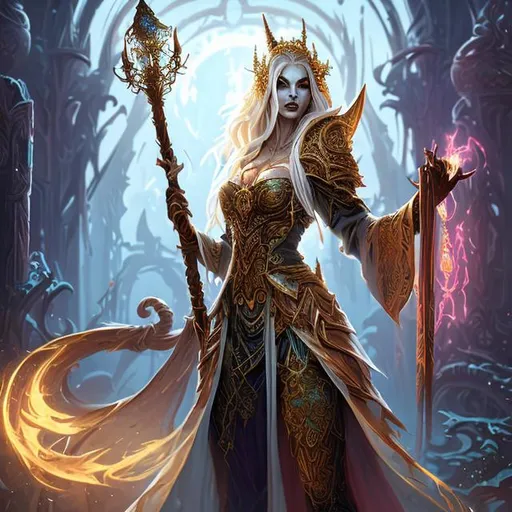 Prompt: Full body splash art of a female undead zombie lich sorceress, thin and emaciated, long dirty blonde hair, wearing long iridescent robes, carrying a wooden staff, D&D, fantasy, intricate, highly detailed, sharp focus, digital painting, artstation, 4k, 8k