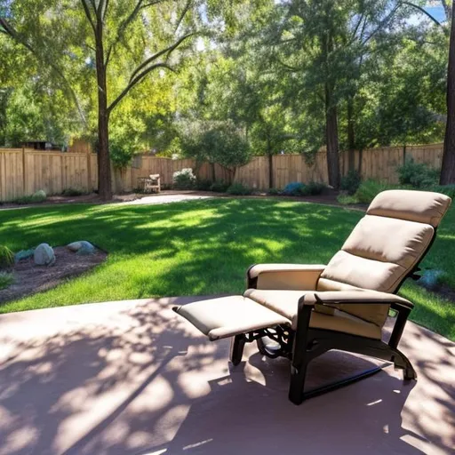 Prompt: A recliner on a Patio ,sunny day , trees 