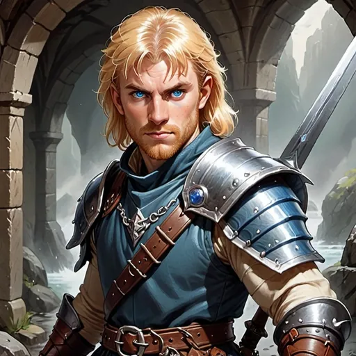 Prompt: dungeons and dragons character, John Jones fighter with greatsword, he has blonde hair, light beard and blue eyes, he uses chainmail