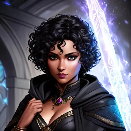 Prompt: dnd, elf, dark gray skin, sorcerer, magic, portrait, short curly hair, female, Illustration, glowering tattoos, no armor, full robes with hood, no shoulder pads