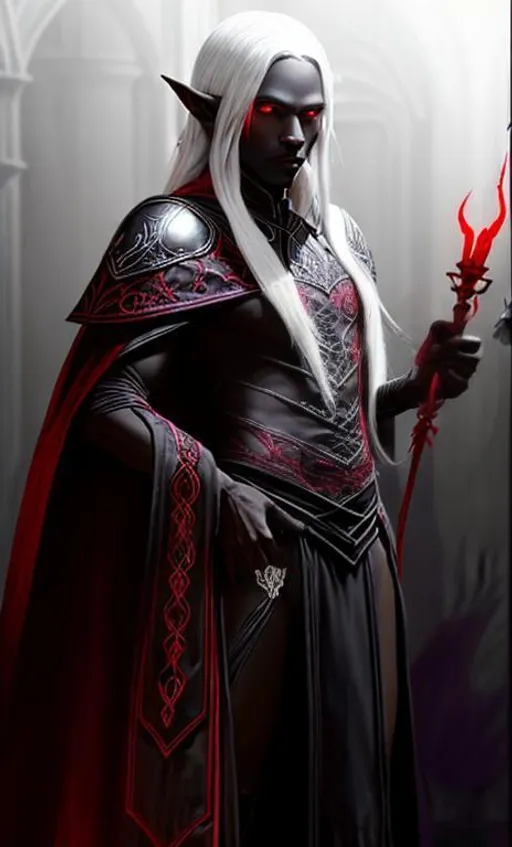 Prompt: A Drow elf male with a handsome European face, ebony skin, glowing fully red eyes and long straight ashen white hair standing in a dark barely lit throne room and wearing a set of rich fine clothes made of red velvet and black leather that are embroidered with delicate web like designs made of silver.