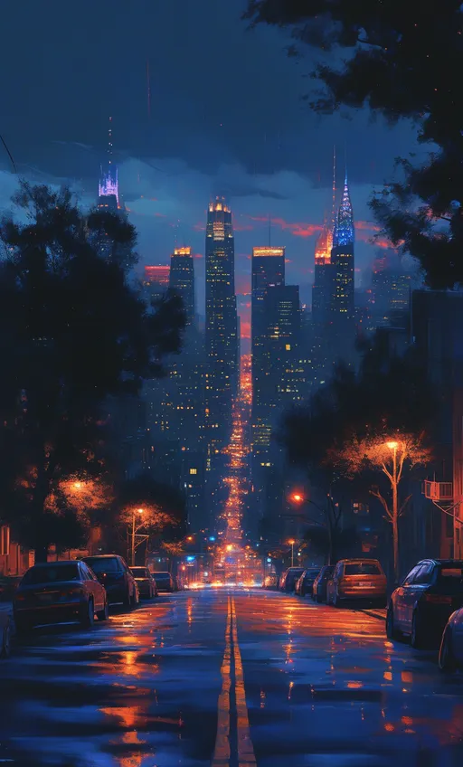 Prompt: Car parked on a street at night, illuminated city skyline in the background sparkling with vibrant lights, moody ambiance, shadows play across the asphalt, cinematic vibes, dreamcore inspired, video art style screenshot, creating a vivid contrast of colors, deep blues and bright city lights, ultra-detailed, high quality.